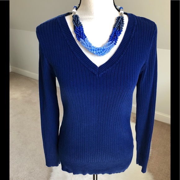 Merona Blue Rib Knit V-Neck Pullover Sweater Size Large - Picture 1 of 3